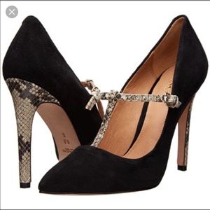 Coach Fulton t-strap snake/black suede heels